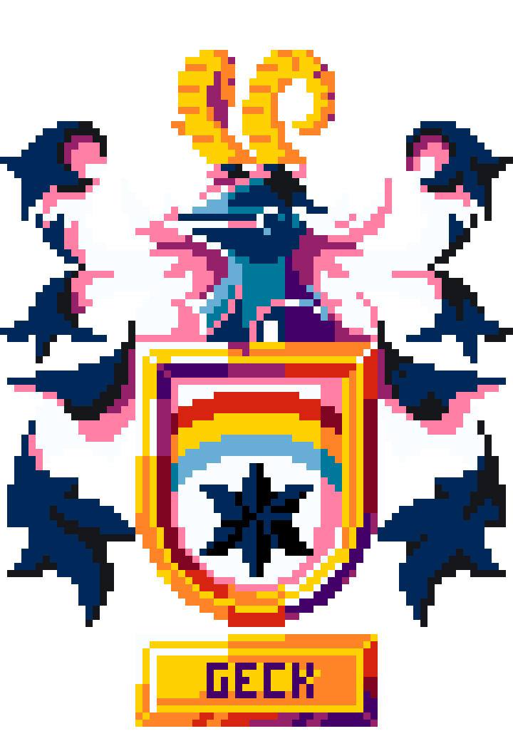 a coat of arms blazoned Argent, a mullet of six points Sable. In chief a rainbow Gules, Or and Azure throughout.